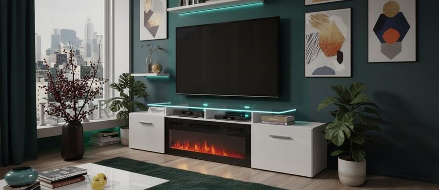 TasalFurniture TV-meubel met elektrische haard – Romma Lux 197 cm – Modern wit tv-dressoir met 2 kleppen – Lowboard met realistisch vlameffect – TV kast woonkamer – Strak design houtlook