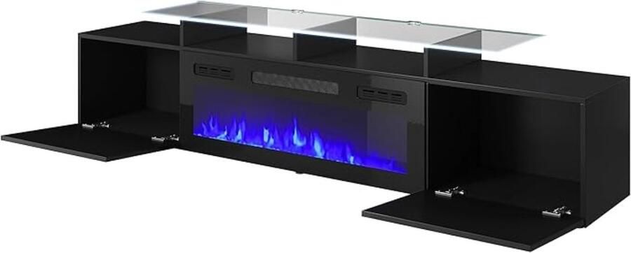 TasalFurniture TV meubel met elektrische haard Romma Lux – 197 cm – Zwart – Modern TV kast met realistische vlammen 2 kleppen opbergruimte & lowboard design – Haardmeubel voor woonkamer