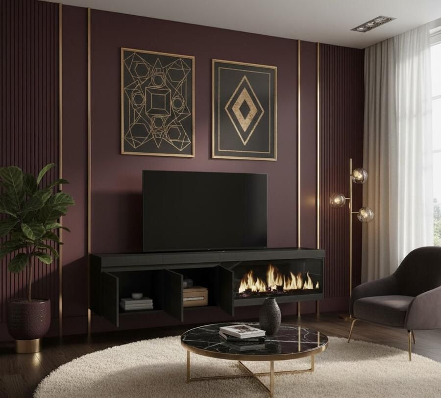 TasalFurniture TV-meubel met elektrische haard XXL – LuxFire 210 cm – Hangend lowboard voor woonkamer & eetkamer – Geschikt voor TV s tot 80 inch – Modern design – Zwart houtlook – Inclusief afstandsbediening & 3D-vlameffect – Eenvoudige montage