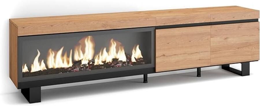 TasalFurniture TV-Meubel met Elektrische Open Haard Ardelyx – 210 cm – Industrieel Design in Eikenhout – Lowboard voor TV tot 80 inch – Moderne Hoogwaardige TV-Kast met LED 3D Vlameffect Zonder Verwarming – Stevige Metalen Poten – Luxe Woonkamermeube
