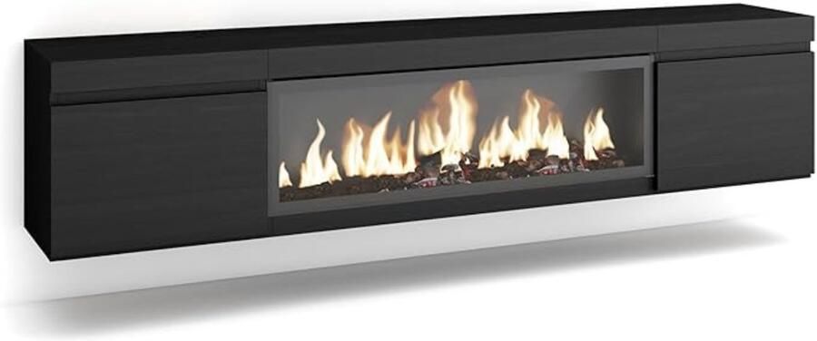 TasalFurniture TV-Meubel met Elektrische Open Haard Elexor – 210 cm – Modern Hangend Lowboard voor TV s tot 80 inch – LED 3D Vlameffect Zonder Verwarming – Zwarte Melamine TV-Kast voor Woonkamer en Eetkamer – Afstandsbediening Inclusief