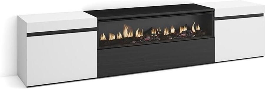 TasalFurniture TV-Meubel met Elektrische Open Haard Vellvoria – 200 cm – Modern Hoogglans Wit & Zwart Design – Lowboard voor TV tot 80 inch – Luxe TV-Kast met LED 3D Vlameffect Afstandsbediening & Opbergruimte – Zonder Verwarming – Vrijstaand Woonka