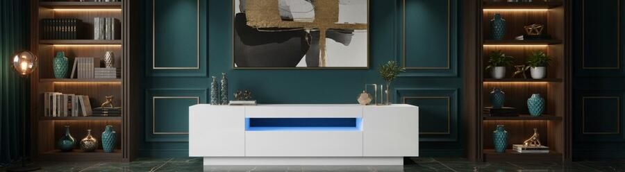 TasalFurniture TV-meubel met LED-verlichting – LumoLine 160 – Modern dressoir in hoogglans wit – Zwevend TV-kast met opbergruimte – Geschikt voor TV s tot 70 inch – RGB LED-verlichting met afstandsbediening – 160x35x40 cm