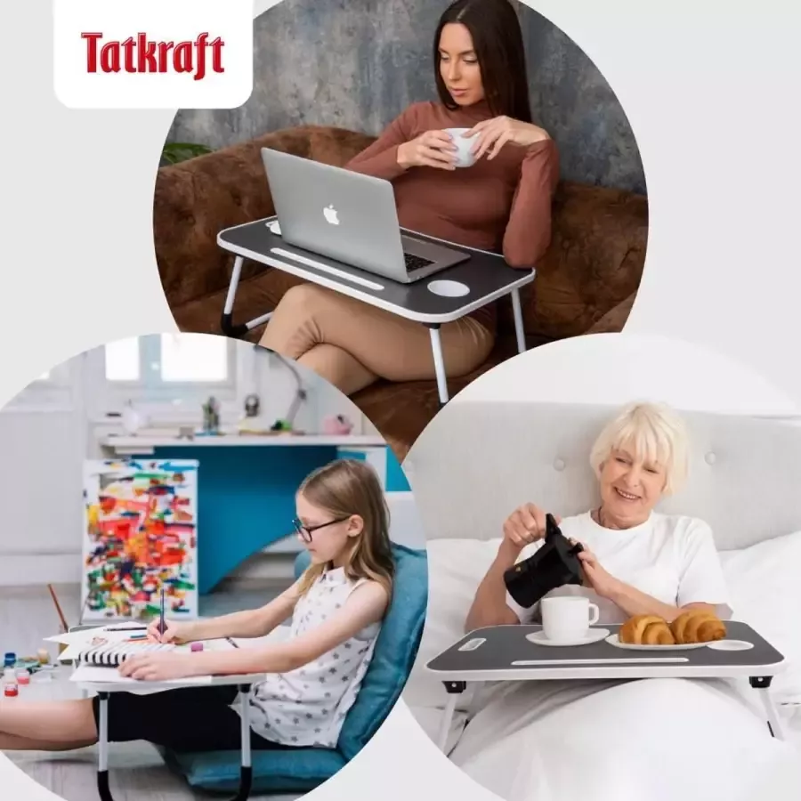 Tatkraft Casper Multifunctionele Opvouwbare Laptoptafel Ontbijt Op Bed Tafel Met Smartphone Tablet Standaard Geschikt Voor Apple iPad Macbook Air Pro 12 13 15 Inch Stand Tafel Voor Laptops Thuiswerken Bed Schoot Bank Bureau Notebook Houder