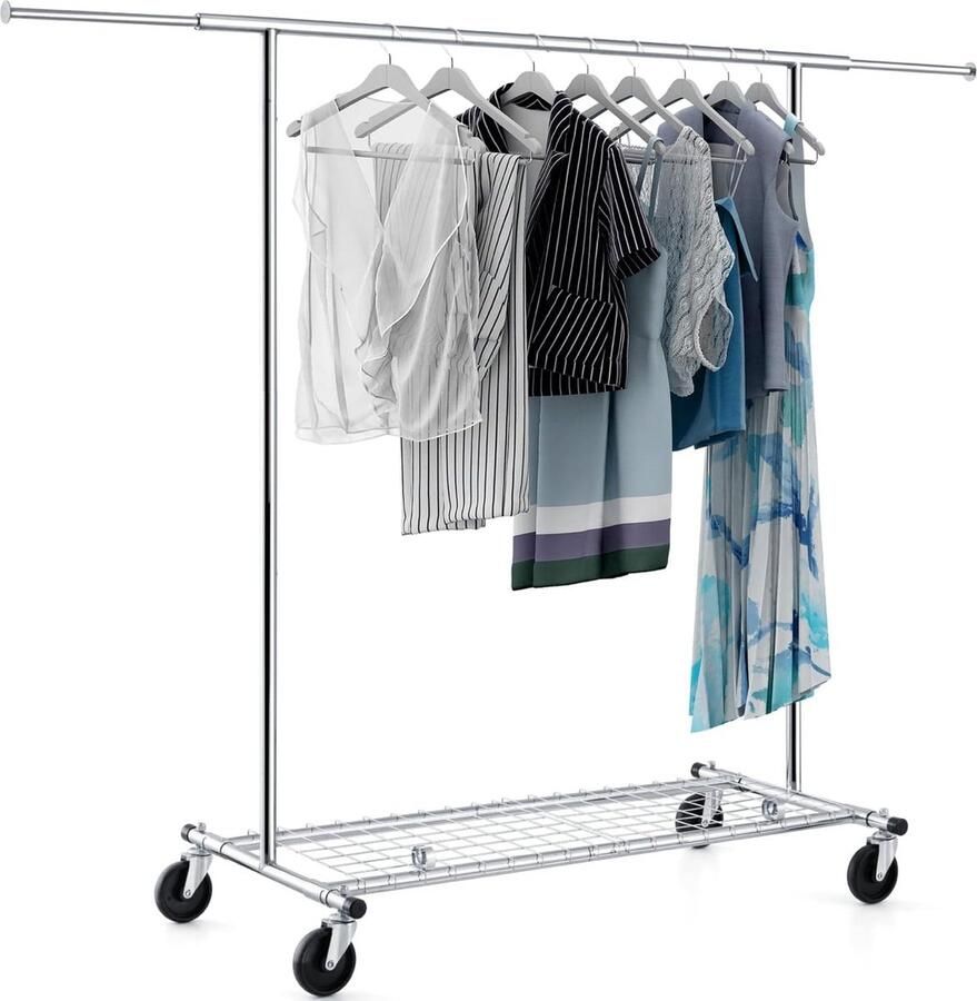 Tatkraft Duncan kledingrek opvouwbare met afneembaar schoenenrek op wielen van verchroomd staal belastbaar tot 100 kg lengte verstelbaar 128-189 cm en hoogte 56D x 128B x 143H centimeter Chroom