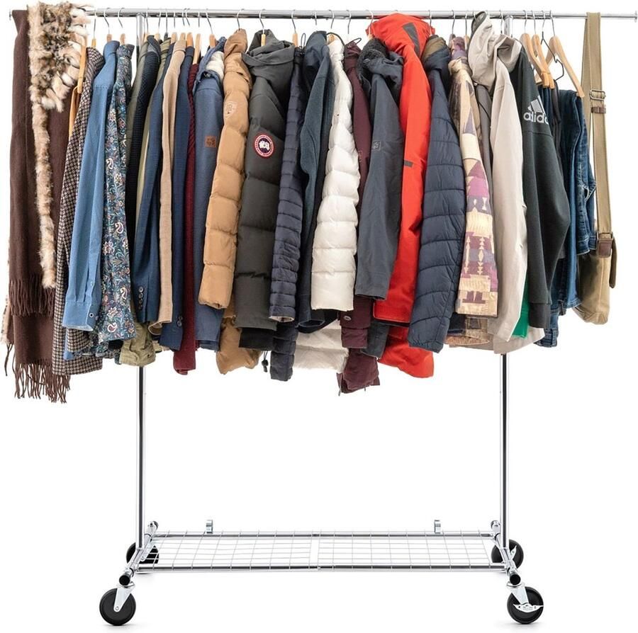 Tatkraft Duncan Professioneel Heavy Duty Verrijdbaar Kledingrek Op Wielen Stevig Mobiel Inklapbaar Verstelbaar Kleren Rek Op Wielen Kledingstandaard Hangrek Klerenrek In Hoogte & Breedte Verstelbaar Kleding Rek Verchroomd RVS 100 KG