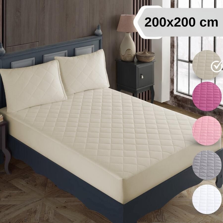 Tavas Waterdicht Matrasbeschermer 200x200 cm Beige Gewatteerde 100% Katoen Molton Hoeslakenbadstof Rondom Elastiek Waterdichte Matras Beschermer Incontinentie