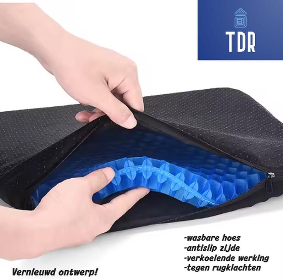 TDR Gel zitkussen Gel Kussen Effectieve verlichting van rugklachten Inclusief wasbare hoes Geschikt voor elke stoel Zwart Afmetingen 41x37 CM