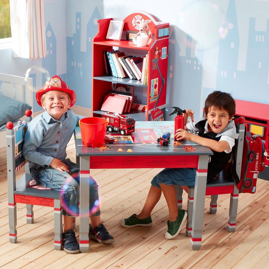 Teamson Kids Houten Tafel en Stoelen Set Voor Kinder Kinderslaapkamer Accessoires Brandweerman Ontwerp