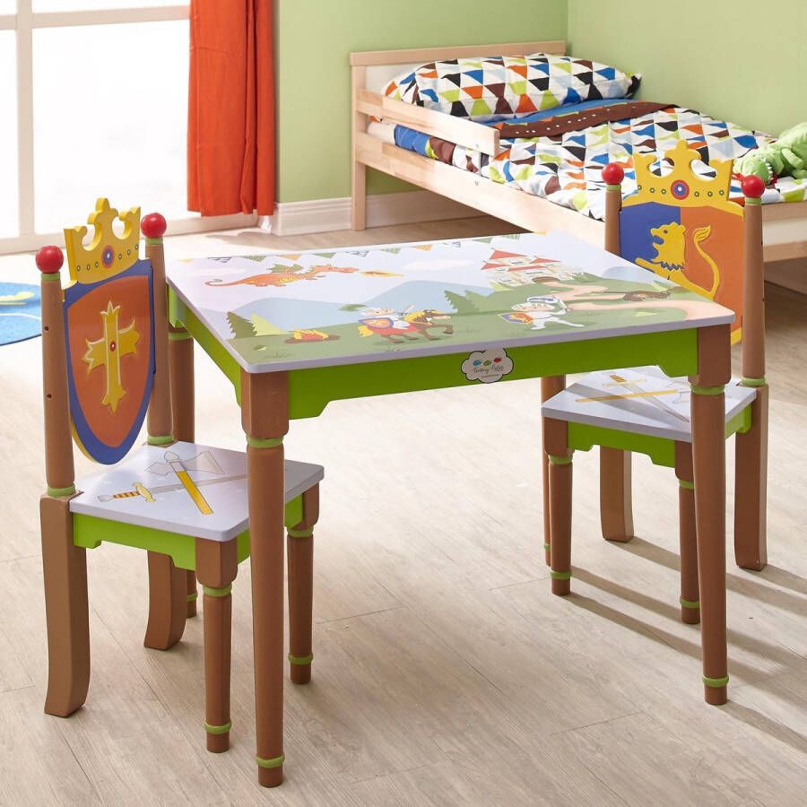 Teamson Kids Houten Tafel en Stoelen Set Voor Kinder Kinderslaapkamer Accessoires Ridder & Draak Ontwerp