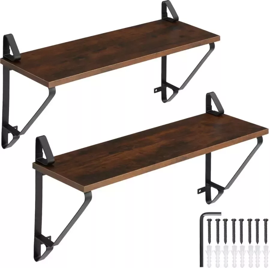 Tectake Wandplanken Hangplank van hout Boekenplank Zwevende planken voor woonkamer slaapkamer kantoor Industrieel design Zwart metalen frame Afmeting (LxBxH) 60 x 20 x 33 5 cm Set van 2 planken Donkerbruin - Foto 2