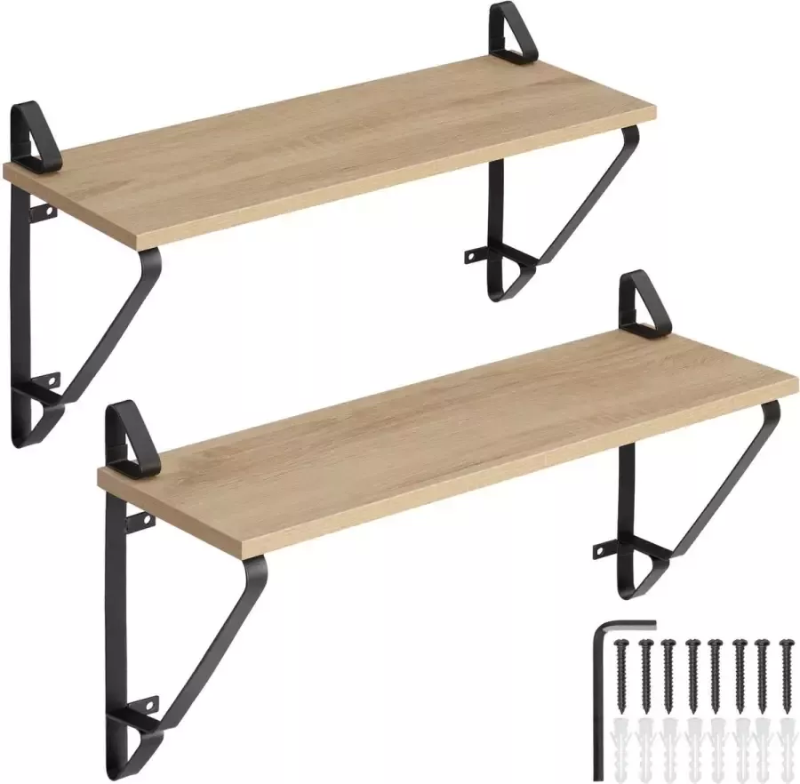 Tectake Wandplanken Set van 2 Zwevende Planken in Industrieel Design 60 x 20 x 33 5 cm Houten Hangplank voor Woonkamer Slaapkamer Kantoor Zwart Metalen Frame div kleuren (lichtbruin) - Foto 2