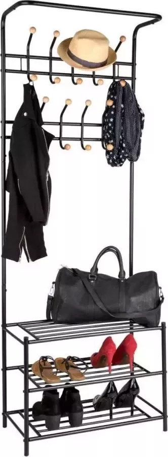 Tectake Kapstok Kledingrek met 3 Schoenenplanken 18 Kapstokhaken 66 x 187 x 33 cm (BxHxD) Kleuren Zwart