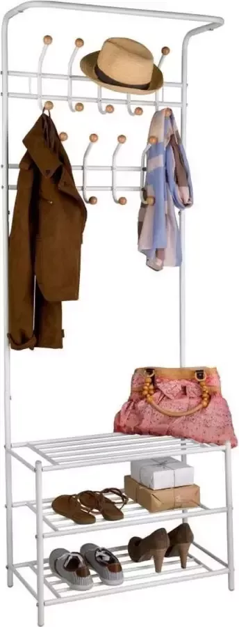 Tectake Kapstok Garderobe Kledingrek met 3 schoenenrek 18 Kapstokhaken BxHxD: 66x187x33cm Kleuren Wit