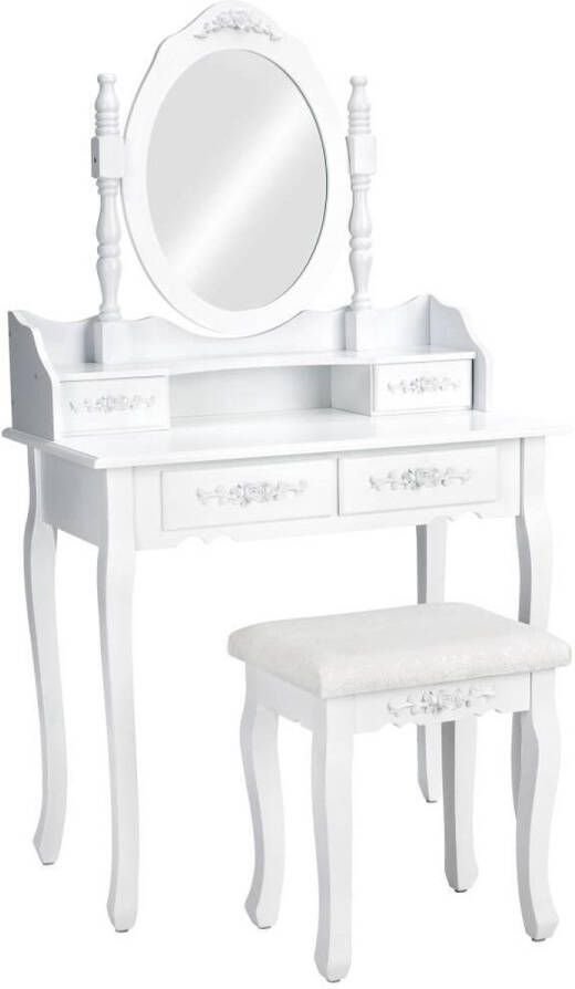 Tectake Make up tafel kaptafel met spiegel 4 laden en krukje kleur wit hout 402072 - Foto 1