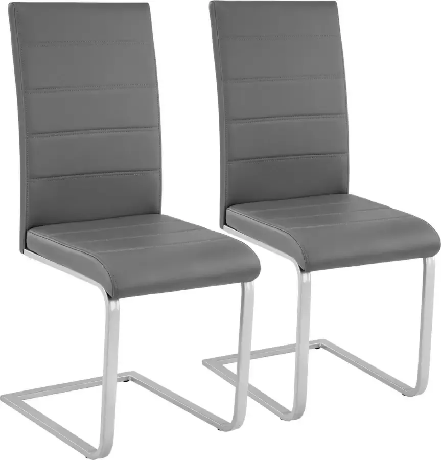 Tectake Eetkamerstoel set van 2 Kunstleren stoel met ergonomische rugleuning Buisframe sledestoel grijs