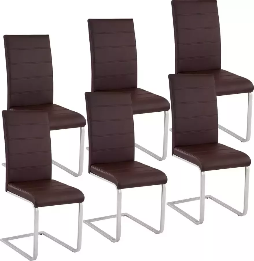 Tectake Eetkamerstoel set van 6 Kunstleren stoel met ergonomische rugleuning Buisframe sledestoel bruin