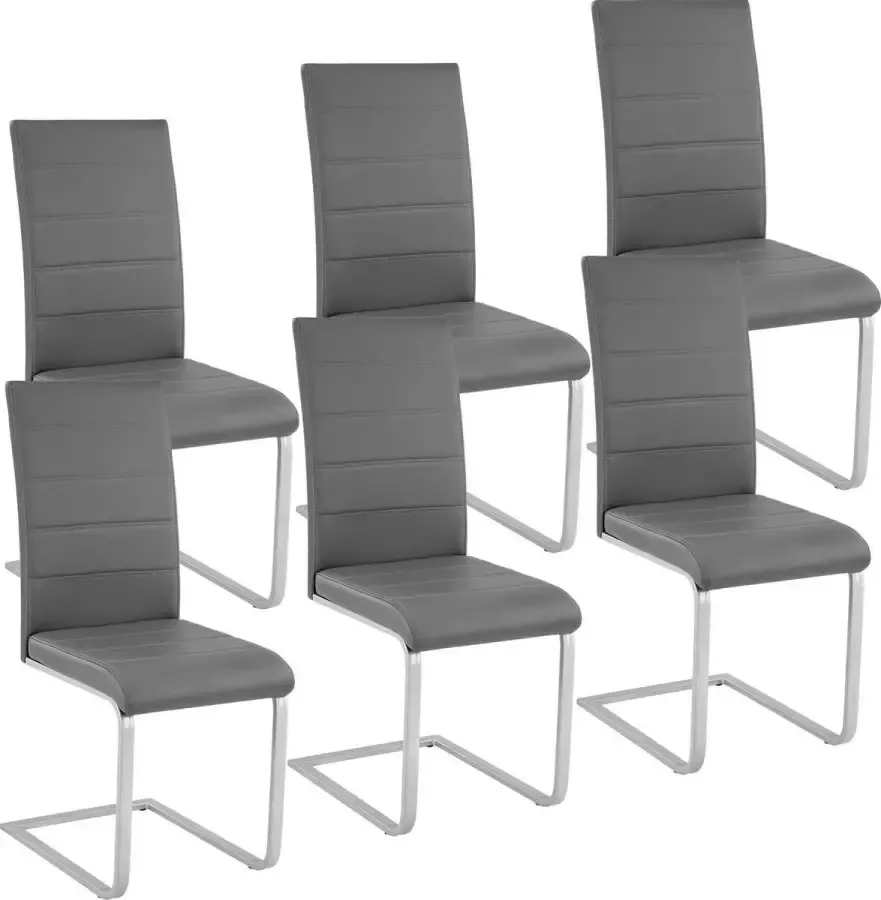 Tectake Eetkamerstoel set van 6 Kunstleren stoel met ergonomische rugleuning Buisframe sledestoel grijs