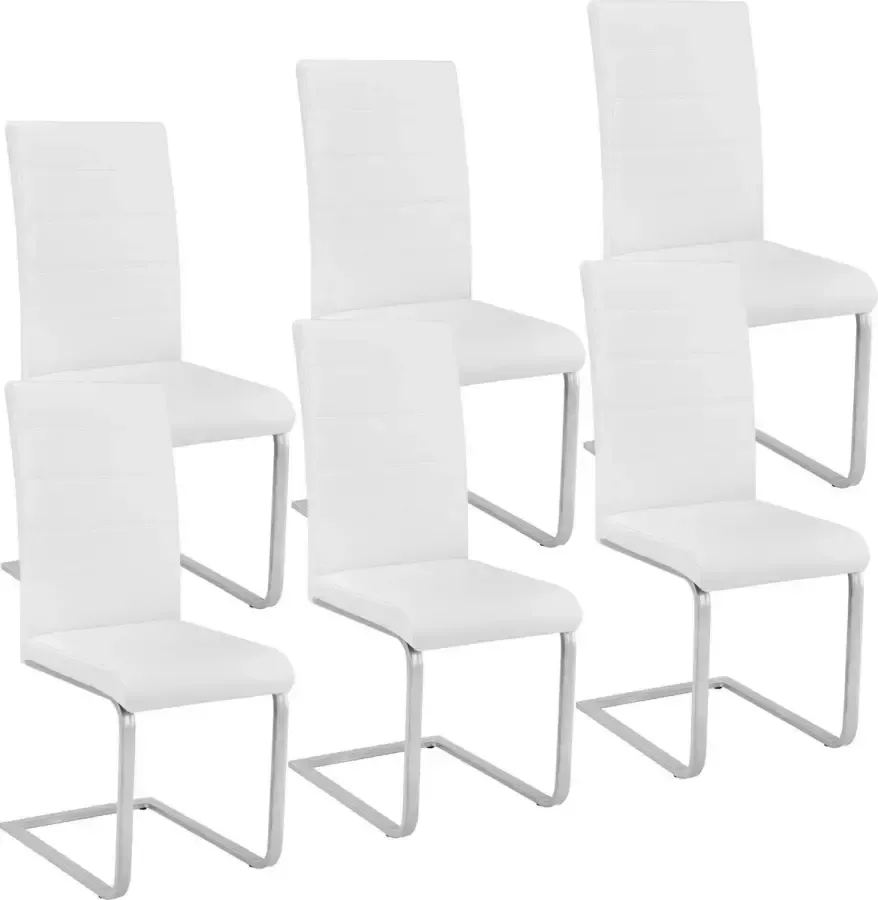 Tectake Eetkamerstoel set van 6 Kunstleren stoel met ergonomische rugleuning Buisframe sledestoel wit