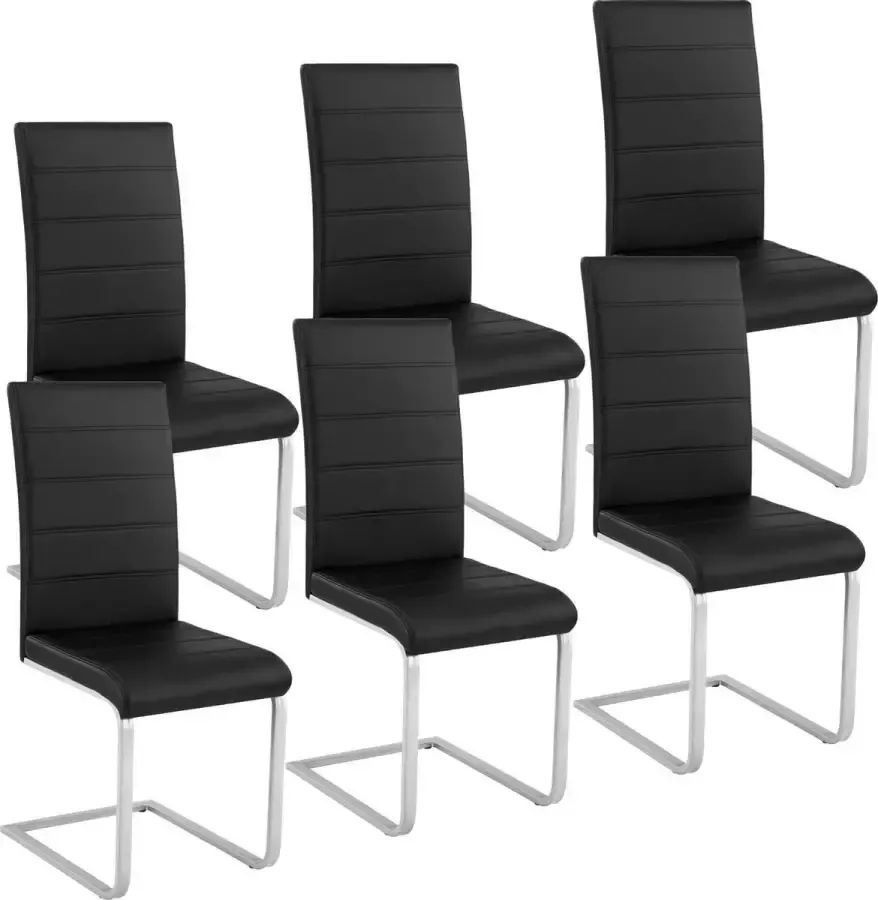 Tectake Eetkamerstoel set van 6 Kunstleren stoel met ergonomische rugleuning Buisframe sledestoel zwart