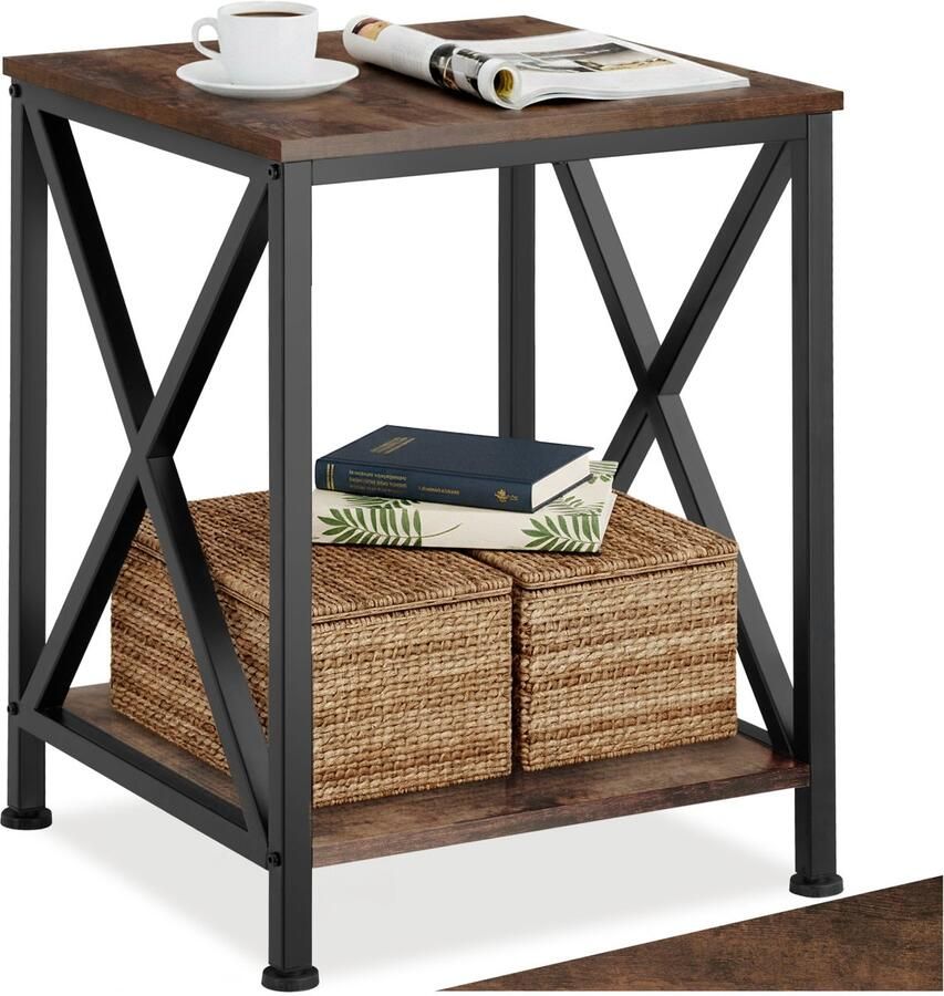 Tectake 2-laags Bijzettafel van Hout en Metaal Nachtkastje met X-vormige Stutten Industrieel Design Vintage Salontafel Zwart Metalen Frame (Industrieel Donkerbruin)