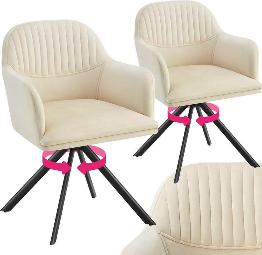 Tectake Fluwelen draaistoel Bureaustoel Eetkamerstoel met armleuningen Fluwelen bureaustoel keukenstoel woonkamerstoel 56 x 59 x 81 cm Set van 2 Creme zwart