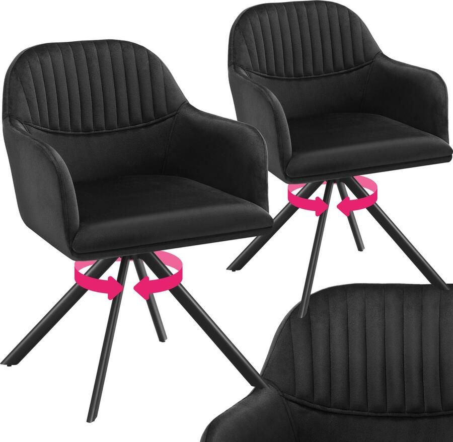 Tectake Fluwelen draaistoel Bureaustoel Eetkamerstoel met armleuningen Fluwelen bureaustoel keukenstoel woonkamerstoel 56 x 59 x 81 cm Set van 2 Zwart zwart