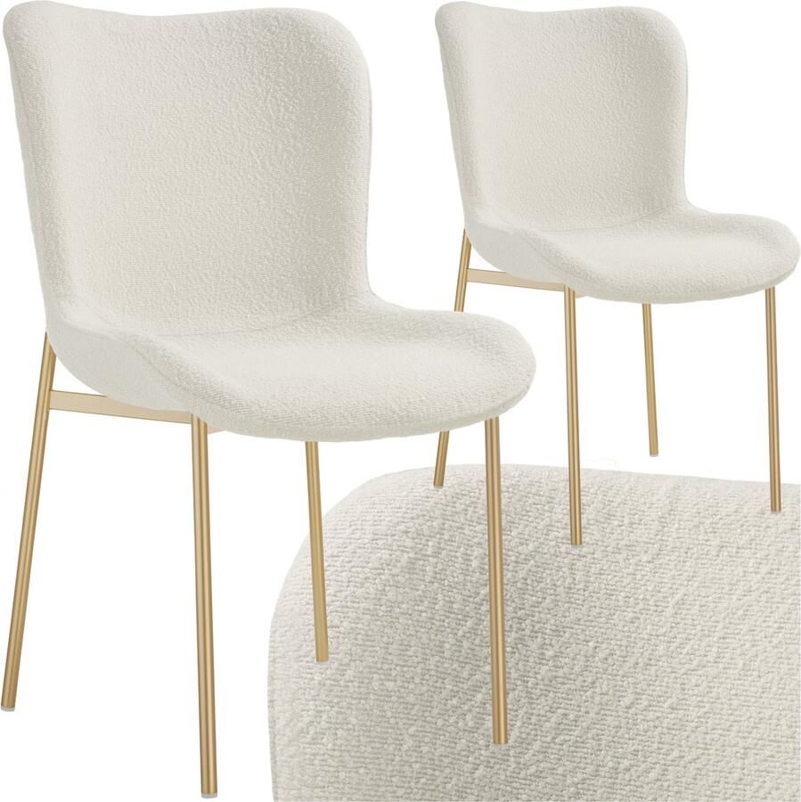 Tectake 2 x gestoffeerde stoel Bouclé schelpzitstoel voor keuken eettafel fauteuil voor kaptafel of cocktailstoel als elegante eetkamerstoel of woonkamerstoel voor elegant tafelen wit goud - Foto 2