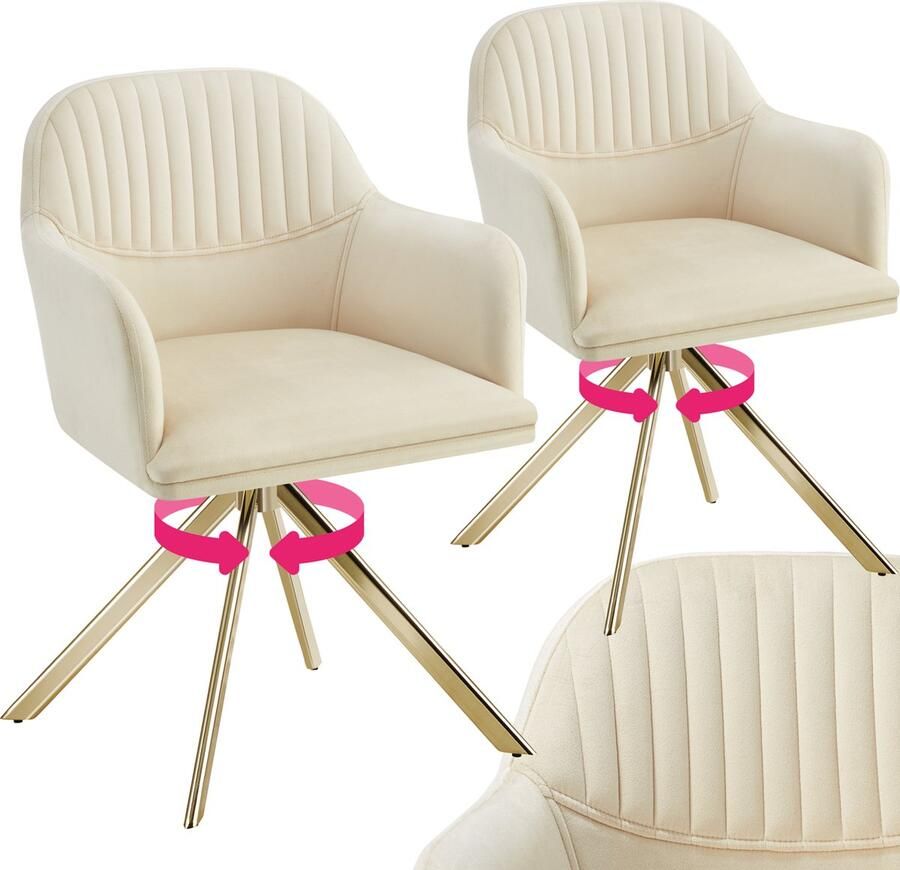 Tectake Fluwelen draaistoel Bureaustoel Eetkamerstoel met armleuningen Fluwelen bureaustoel keukenstoel woonkamerstoel 56 x 59 x 81 cm Set van 2 Creme goud