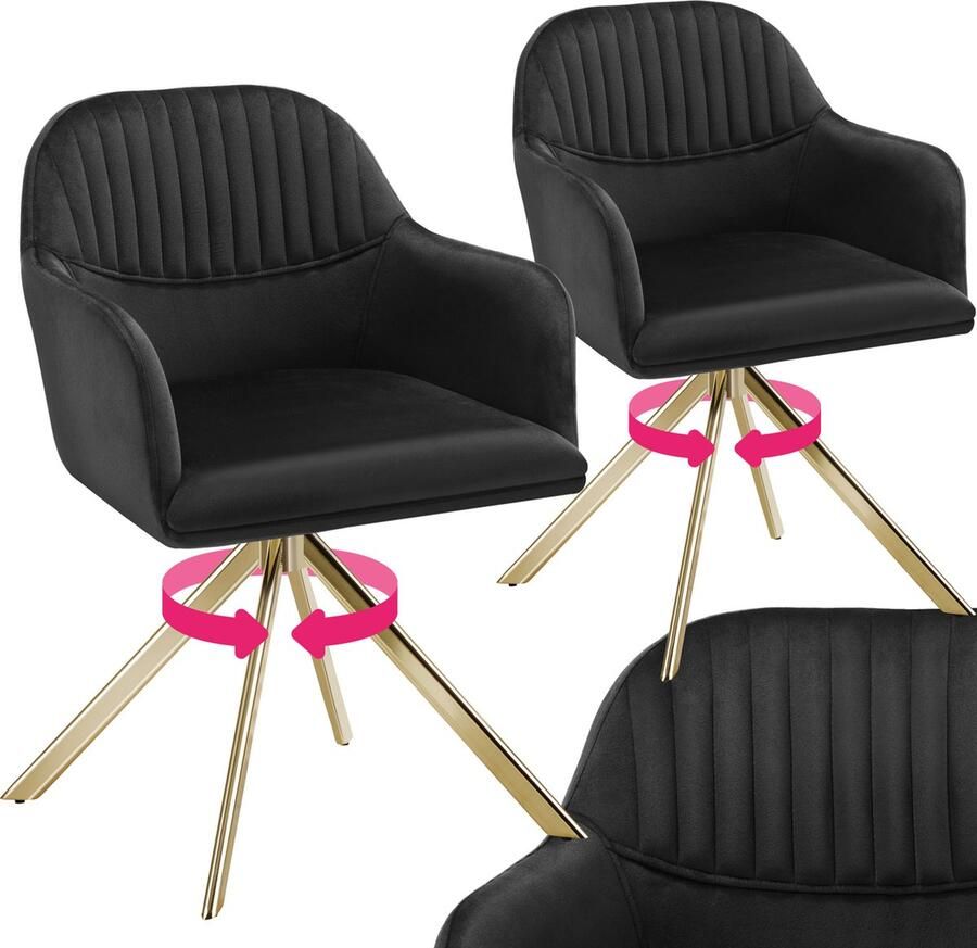 Tectake Fluwelen draaistoel Bureaustoel Eetkamerstoel met armleuningen Fluwelen bureaustoel keukenstoel woonkamerstoel 56 x 59 x 81 cm Set van 2 Zwart goud