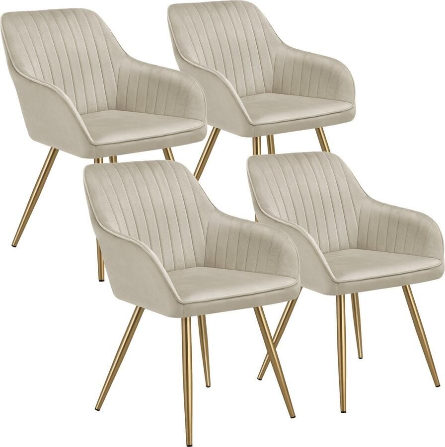 Tectake Eetkamerstoelen Marilyn Set van 4 Gestoffeerde Stoel in Fluweellook Doorgestikt Zwarte Stoelpoten Ergonomische Keukenstoel Doorlopende Rugleuning en Armleuningen Stoel voor Woonkamer Eetkamer Slaapkamer Creme - Foto 2