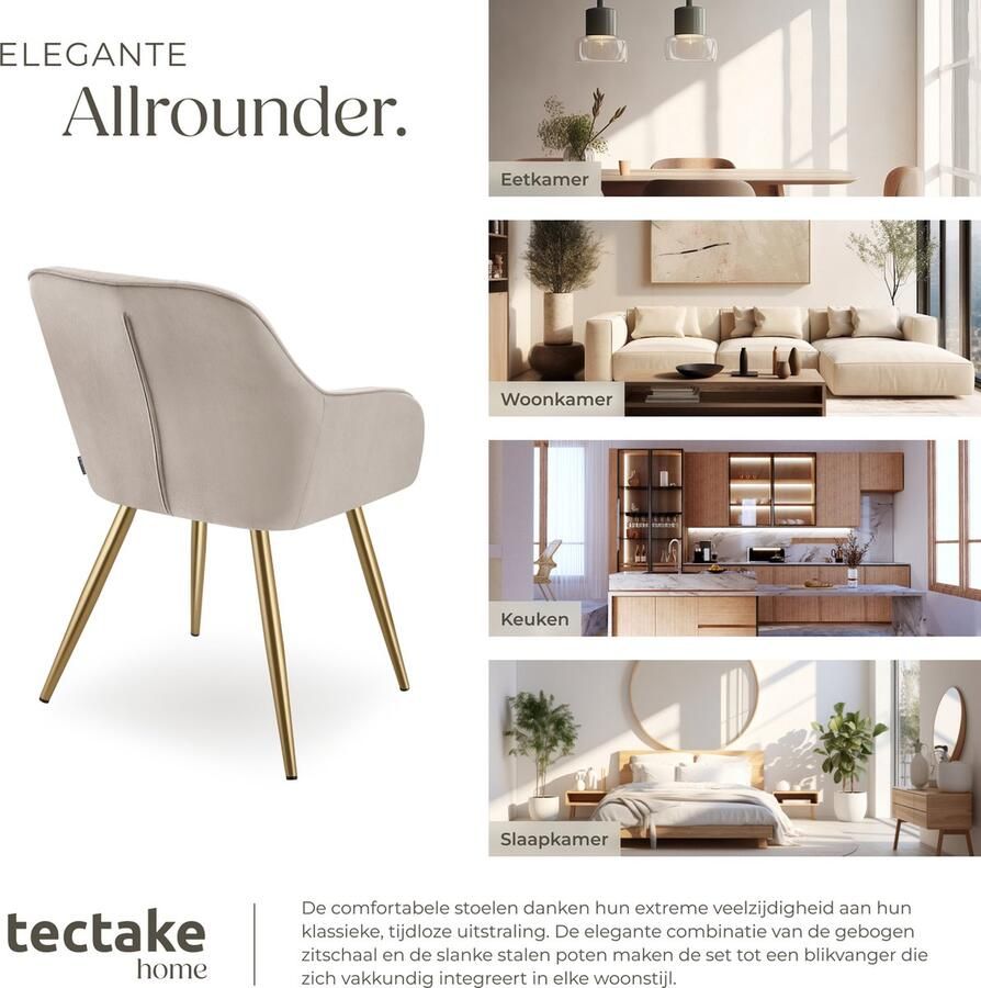 Tectake Eetkamerstoelen Marilyn Set van 4 Gestoffeerde Stoel in Fluweellook Doorgestikt Zwarte Stoelpoten Ergonomische Keukenstoel Doorlopende Rugleuning en Armleuningen Stoel voor Woonkamer Eetkamer Slaapkamer Taupe - Foto 2