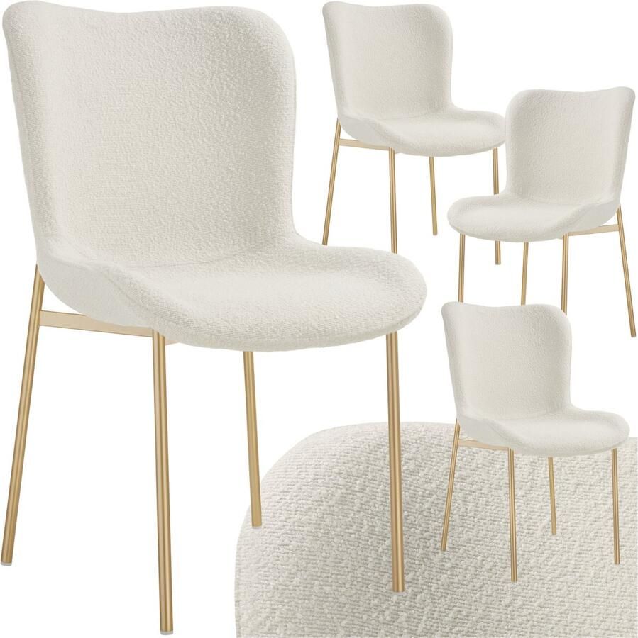 Tectake 4 x gestoffeerde stoel Bouclé schelpzitstoel voor keuken eettafel fauteuil voor kaptafel of cocktailstoel als elegante eetkamerstoel of woonkamerstoel voor elegant tafelen wit goud - Foto 2