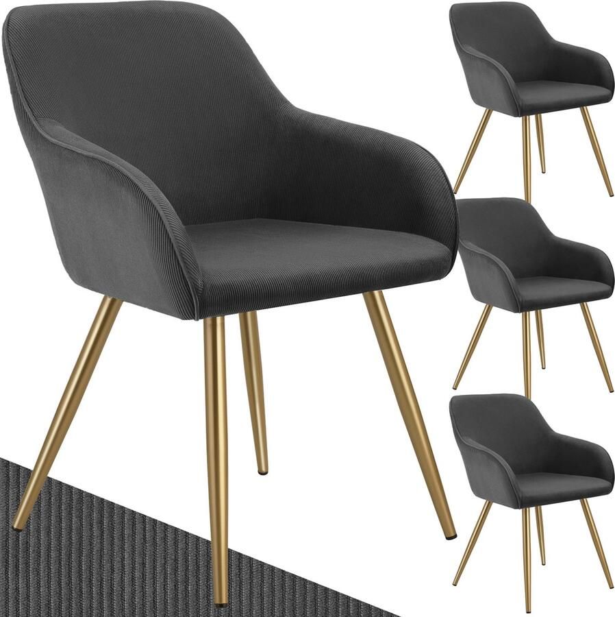 Tectake Eetkamerstoelen Marilyn Set van 4 Gestoffeerde Stoelen met Koordlook ribstof Gouden Stoelpoten Ergonomische Keukenstoel Stoel voor Eetkamer Woonkamer Slaapkamer Antraciet - Foto 2