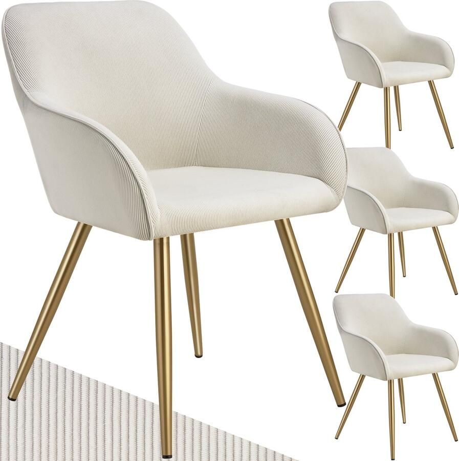 Tectake Eetkamerstoelen Marilyn Set van 4 Gestoffeerde Stoelen met Koordlook ribstof Gouden Stoelpoten Ergonomische Keukenstoel Stoel voor Eetkamer Woonkamer Slaapkamer Creme - Foto 2