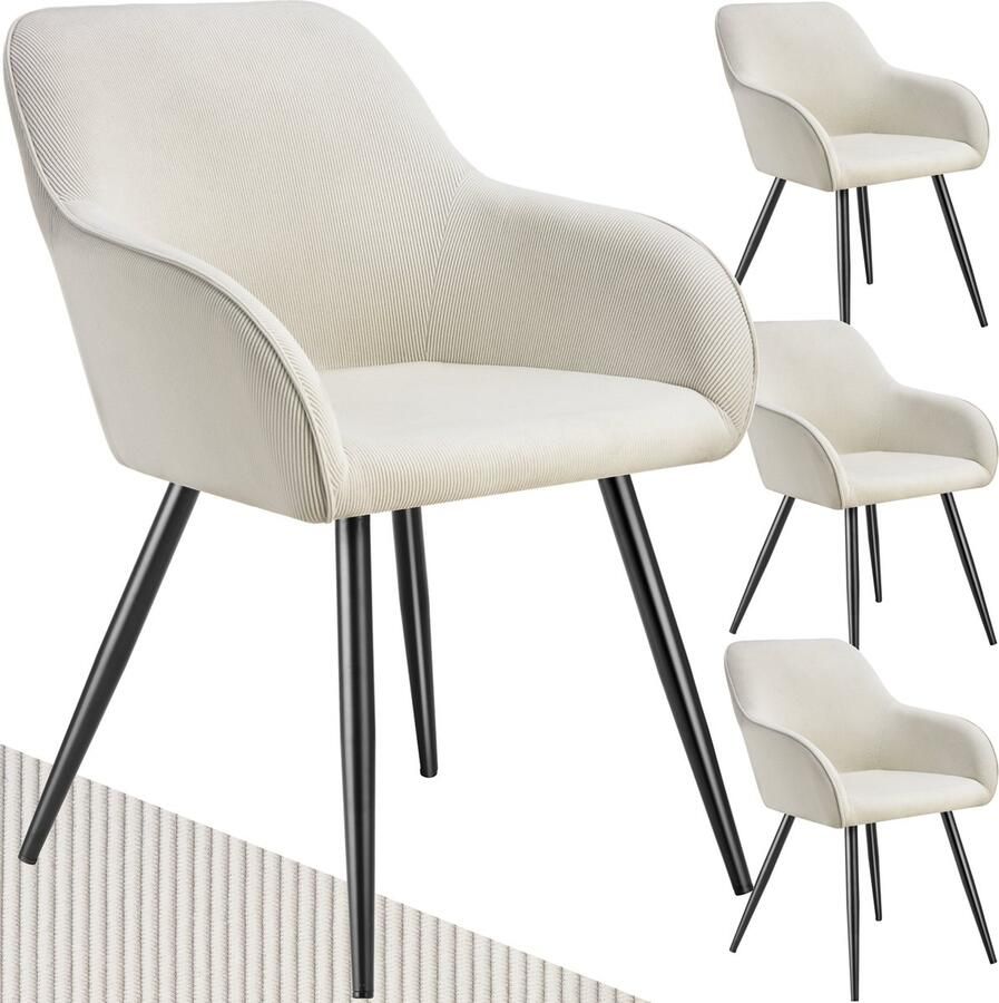 Tectake Eetkamerstoelen Marilyn Set van 6 Gestoffeerde Stoelen met Koordlook ribstof Zwarte Stoelpoten Ergonomische Keukenstoel Stoel voor Eetkamer Woonkamer Slaapkamer Creme - Foto 2