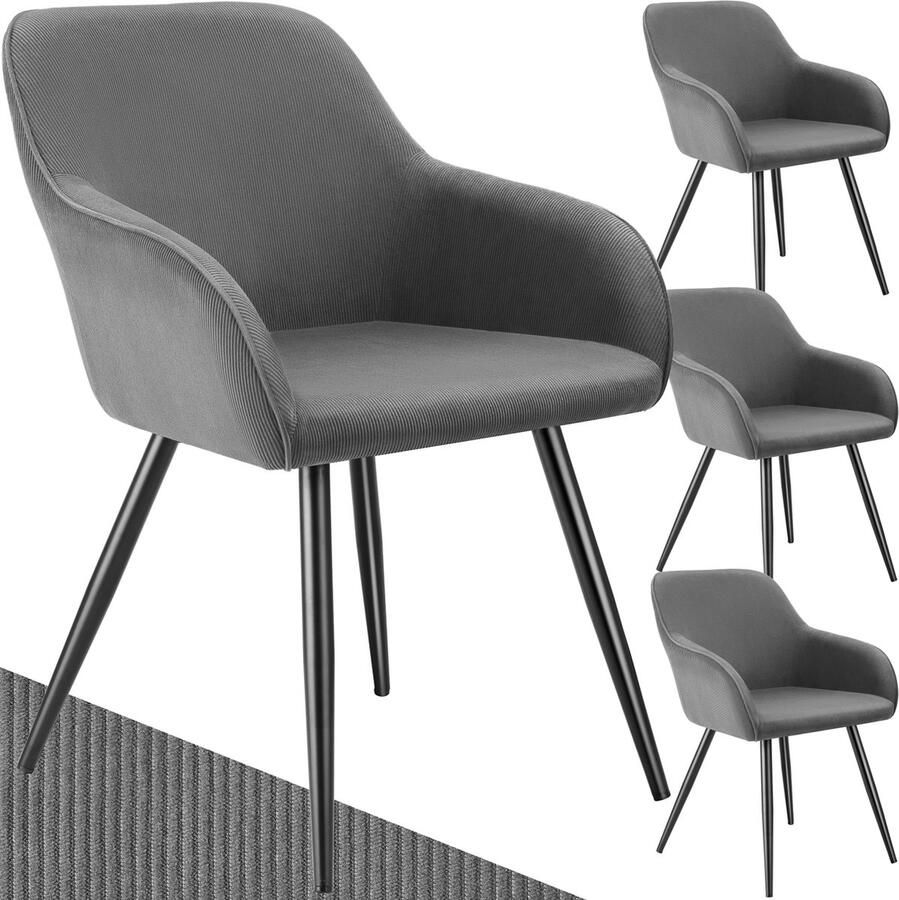 Tectake Eetkamerstoelen Marilyn Set van 4 Gestoffeerde Stoelen met Koordlook ribstof Zwarte Stoelpoten Ergonomische Keukenstoel Stoel voor Eetkamer Woonkamer Slaapkamer Grijs - Foto 2