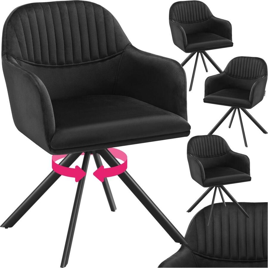 Tectake Fluwelen draaistoel Bureaustoel Eetkamerstoel met armleuningen Fluwelen bureaustoel keukenstoel woonkamerstoel 56 x 59 x 81 cm Set van 4 Zwart zwart