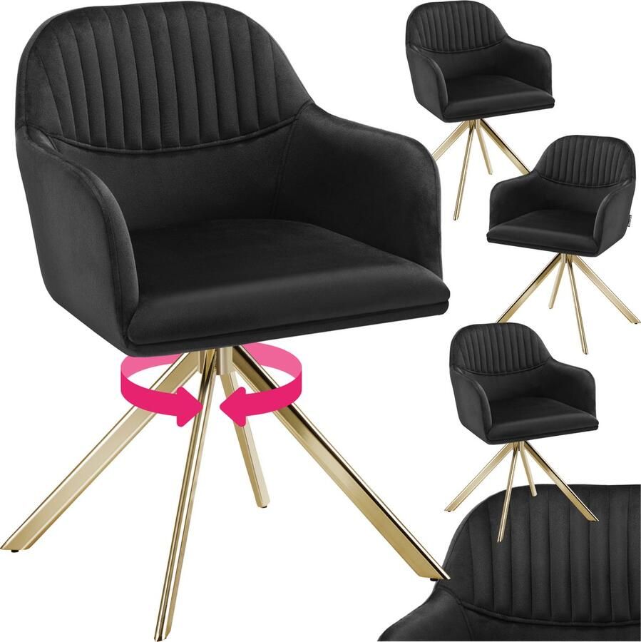 Tectake Fluwelen draaistoel Bureaustoel Eetkamerstoel met armleuningen Fluwelen bureaustoel keukenstoel woonkamerstoel 56 x 59 x 81 cm Set van 4 Zwart goud