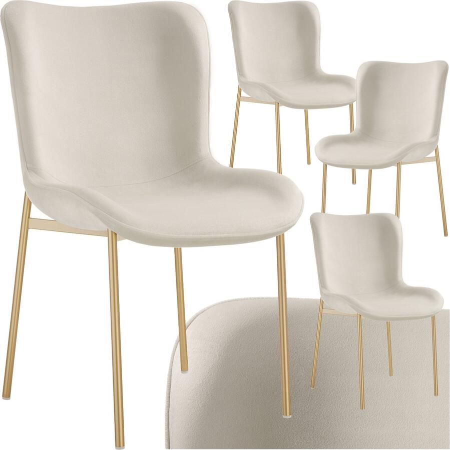 Tectake Gestoffeerde stoel Eetkamerstoel Fluweellook Ergonomische vorm Hoge rugleuning Draagkracht 120 kg kleuren Set van 4 Beige goud
