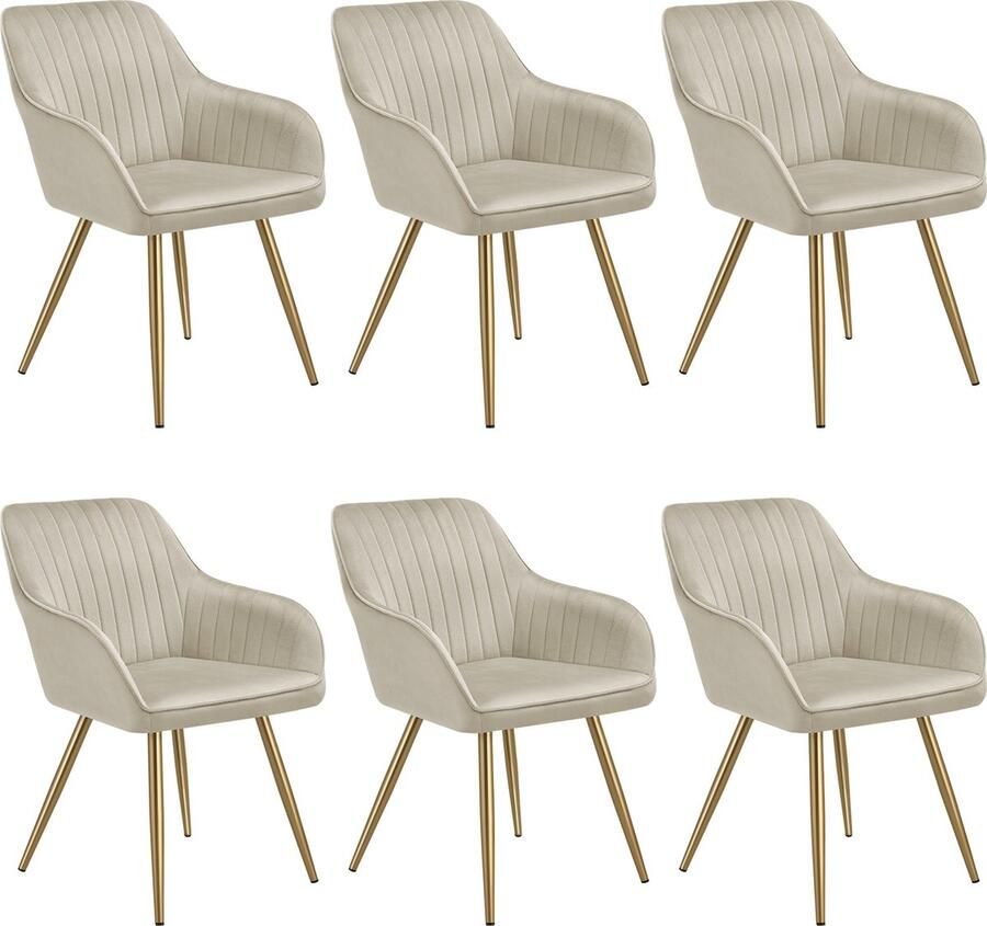 Tectake Eetkamerstoelen Marilyn Set van 6 Gestoffeerde Stoel in Fluweellook Doorgestikt Zwarte Stoelpoten Ergonomische Keukenstoel Doorlopende Rugleuning en Armleuningen Stoel voor Woonkamer Eetkamer Slaapkamer Creme - Foto 2