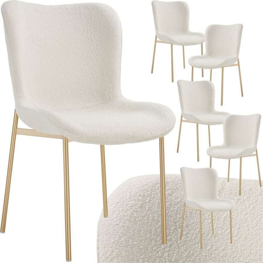 Tectake 6 x gestoffeerde stoel Bouclé schelpzitstoel voor keuken- of eettafel Fauteuil voor kaptafel of cocktailstoel als elegante eetkamerstoel of woonkamerstoel wit goud - Foto 2