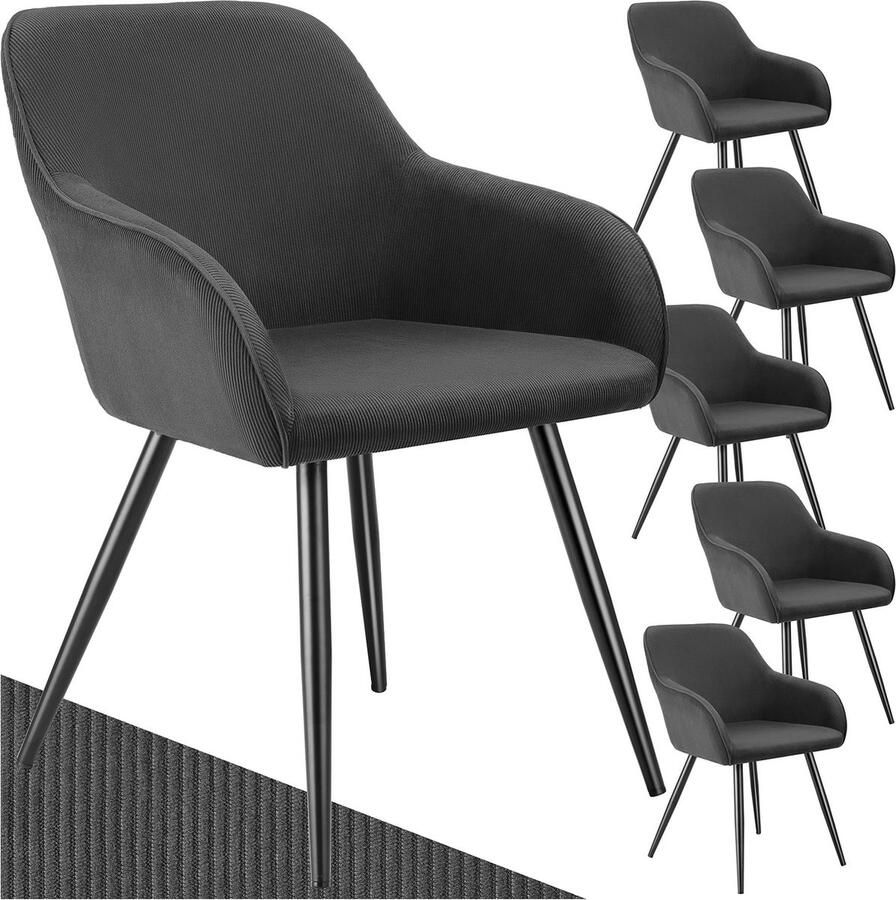 Tectake Eetkamerstoelen Marilyn Set van 6 Gestoffeerde Stoelen met Koordlook ribstof Zwarte Stoelpoten Ergonomische Keukenstoel Stoel voor Eetkamer Woonkamer Slaapkamer Antraciet - Foto 2