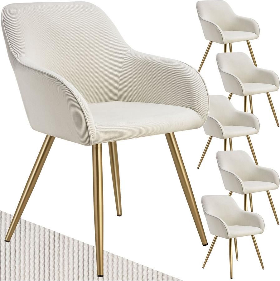Tectake Eetkamerstoelen Marilyn Set van 6 Gestoffeerde Stoelen met Koordlook ribstof Gouden Stoelpoten Ergonomische Keukenstoel Stoel voor Eetkamer Woonkamer Slaapkamer Creme - Foto 2