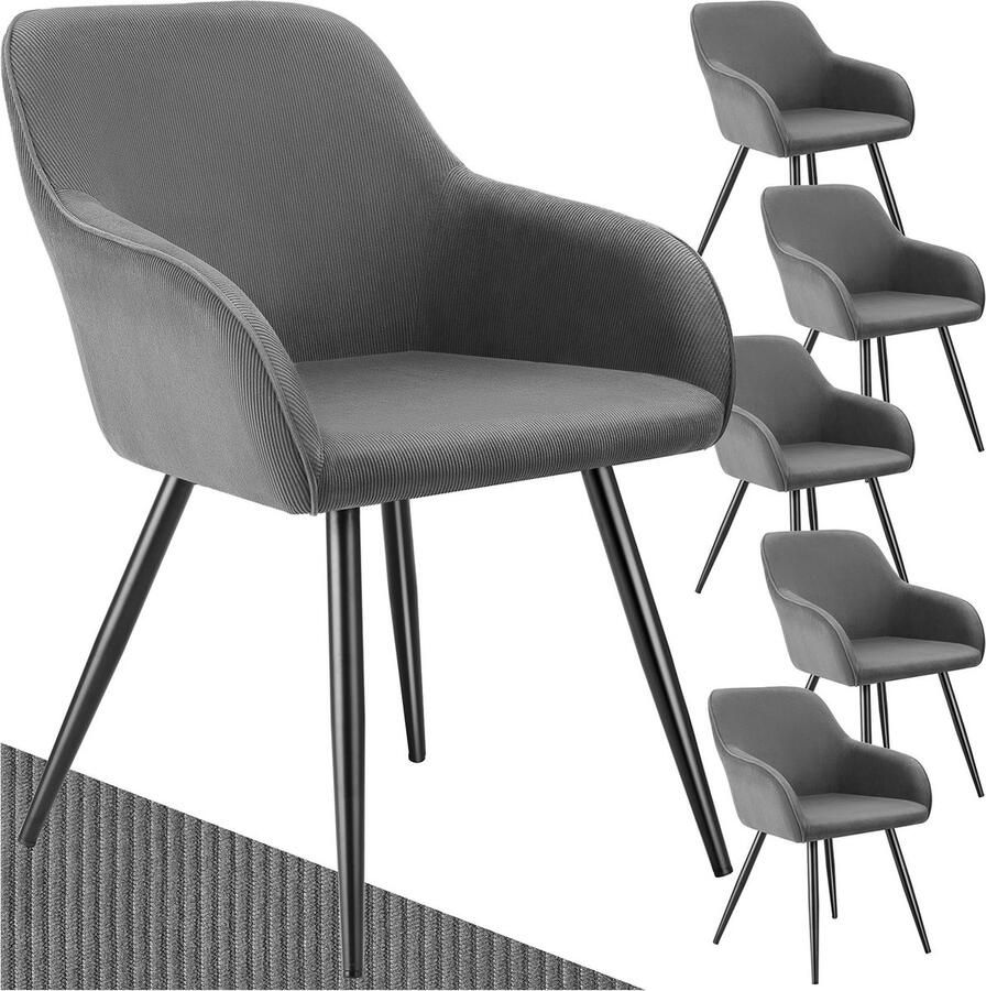 Tectake Eetkamerstoelen Marilyn Set van 6 Gestoffeerde Stoelen met Koordlook ribstof Zwarte Stoelpoten Ergonomische Keukenstoel Stoel voor Eetkamer Woonkamer Slaapkamer Grijs - Foto 2