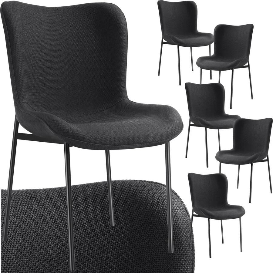 Tectake 6x Gestoffeerde stoel eetkamerstoel geweven stof ergonomische vorm hoge rugleuning Draagkracht 120 kg div kleuren (zwart zwart) 6 stuks - Foto 2