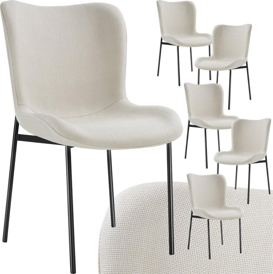 Tectake Gestoffeerde stoel Eetkamerstoel Geweven stof Ergonomische vorm Hoge rugleuning Draagkracht 120 kg kleuren Set van 6 Beige zwart - Foto 2