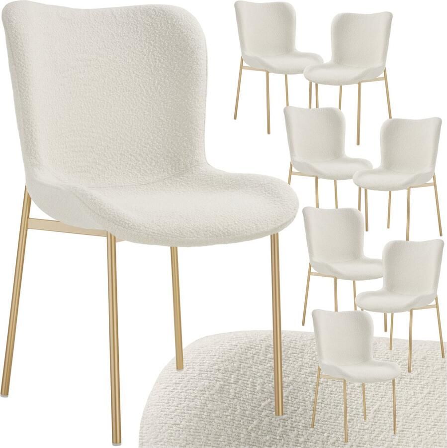 Tectake 8 x gestoffeerde stoel Bouclé schelpzitstoel voor keuken eettafel fauteuil voor kaptafel of cocktailstoel als elegante eetkamerstoel of woonkamerstoel voor elegant tafelen wit goud