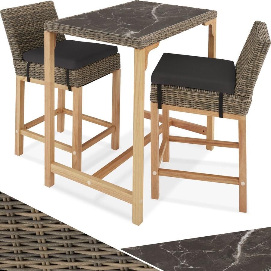 Tectake Aluminium wicker bartafel met 2 barkrukken 3-delige tuinbarset voor terras en balkon UV-bestendig Weerbestendig tuinmeubilair Afmeting tafel (LxBxH) 96 x 65 x 100 cm Afmeting kruk (LxBxH) 45 x 62 5 x 99 cm Lichtbruin