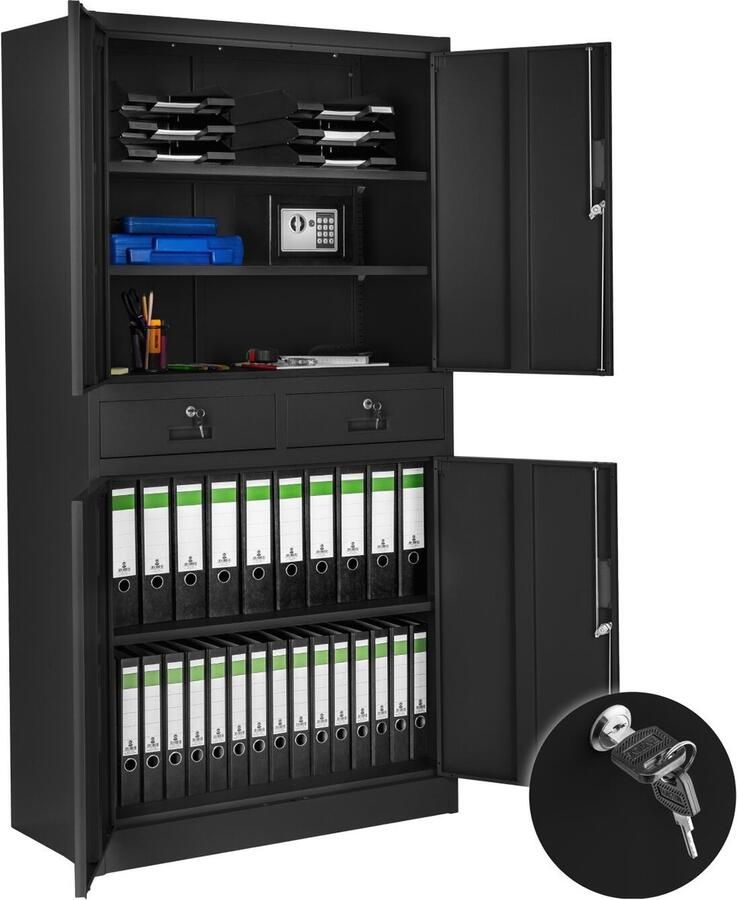 Tectake Archiefkast 2 kastdelen met afsluitbare deuren 2 afsluitbare lades Eenvoudige montage Ruime constructie Vleugeldeuren 4 Deuren Afmeting (HxBxD) 180x80x40 cm Zwart - Foto 2